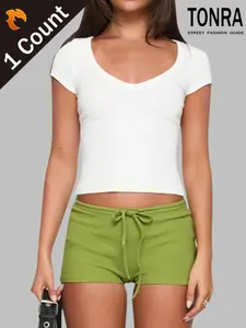 Women's Solid Color V Neck Crop Tee, Casual Basic Fitted Short Sleeve T-shirt for Summer, Ladies Clothes for Daily Wear, Top