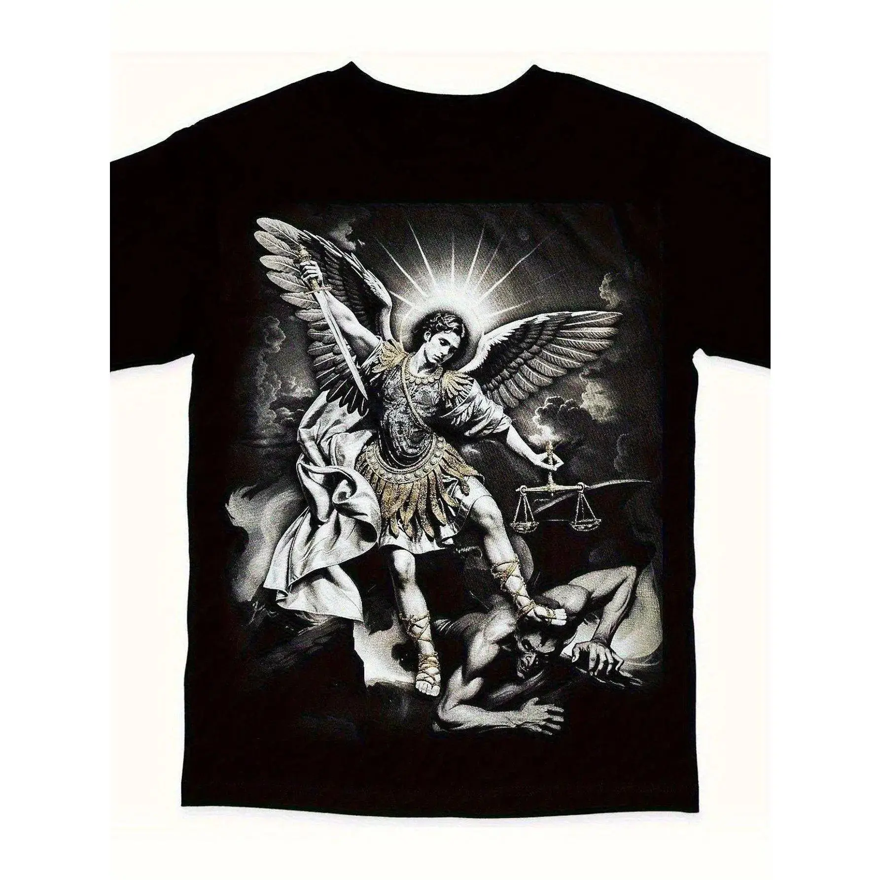 Archangel Michael Defeating Satan Religious Art T-Shirt, 100% Breathable Cotton Graphic Streetwear, Classic Faith Short Sleeve Unisex Tee