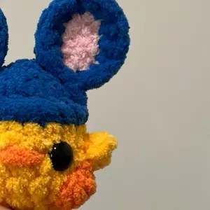 Hand crocheted duck with blue koala hat