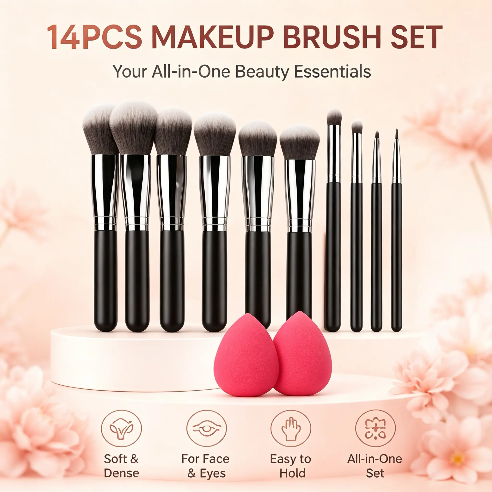 14PCS Professional Makeup Brush Set with 2 Beauty Sponges | Soft Dense Bristles for Face & Eyes