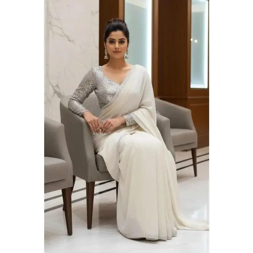Silver Sequin Pre-stitched Saree with Attached Petticoat