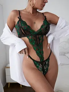 Women's Emerald Lace Embroidery Deep V Sexy Lingerie Set, Perfect for Parties, Exotic Vacations, and Seductive Nights, Floral Lace Bodysuit