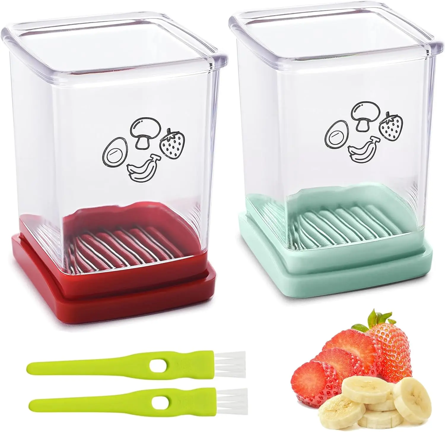 ERHIRY 2-Pcs Stainless Steel Fruit Slicer Set - Salad Prep Manual Tool with Push Plate, Speed Cut Steel Blade for Strawberry & Banana, Essential Kitchen Gadget (Cyan+Red)