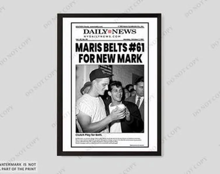 1961 New York Yankees Roger Maris Record "#61 FOR NEW MARK" Unframed Newspaper Print