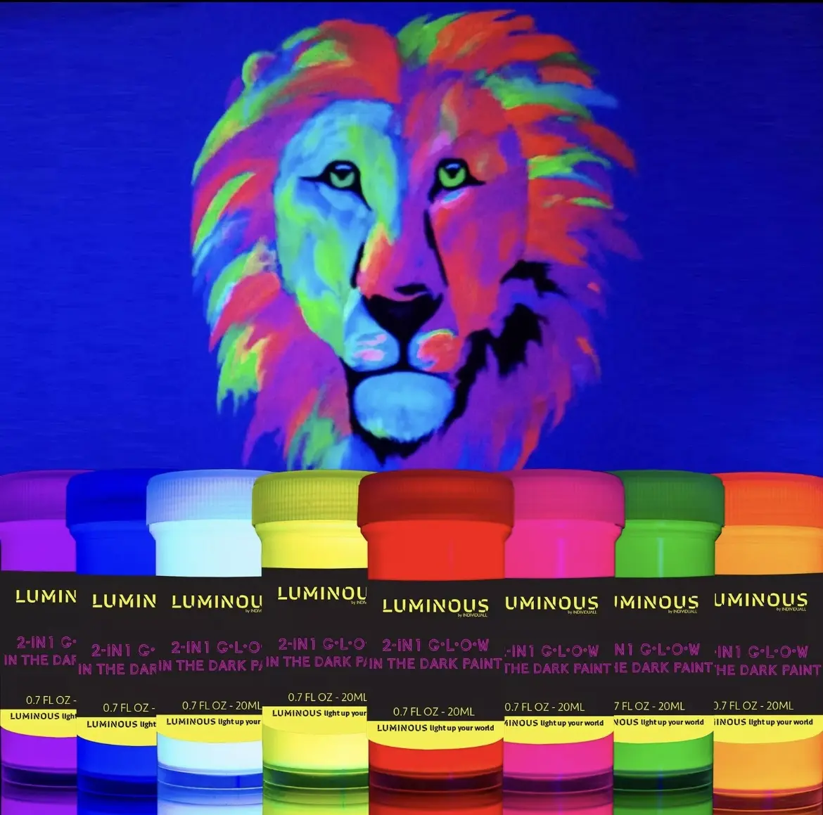 Luminous 2-In-1 Glow in the Dark & UV Black Light Paint - Set of 8 Self-Luminous