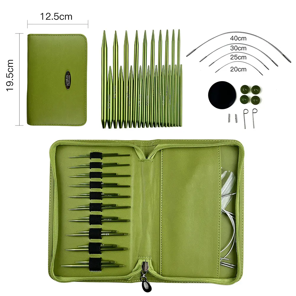 Interchangeable Circular Knitting Needles Set - 13 Pairs Aluminum Needle Tips with 4 Cords (20/25/30/40cm) & Accessories, Smooth Lightweight Knitting Needle Kit with Green PU Case for Beginners & Knitters