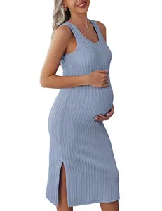 Ekouaer Women's Maternity Dress Rib Knit Sleeveless Tank Side Slit Bodycon Dresses Pregnancy Clothes S-XXL