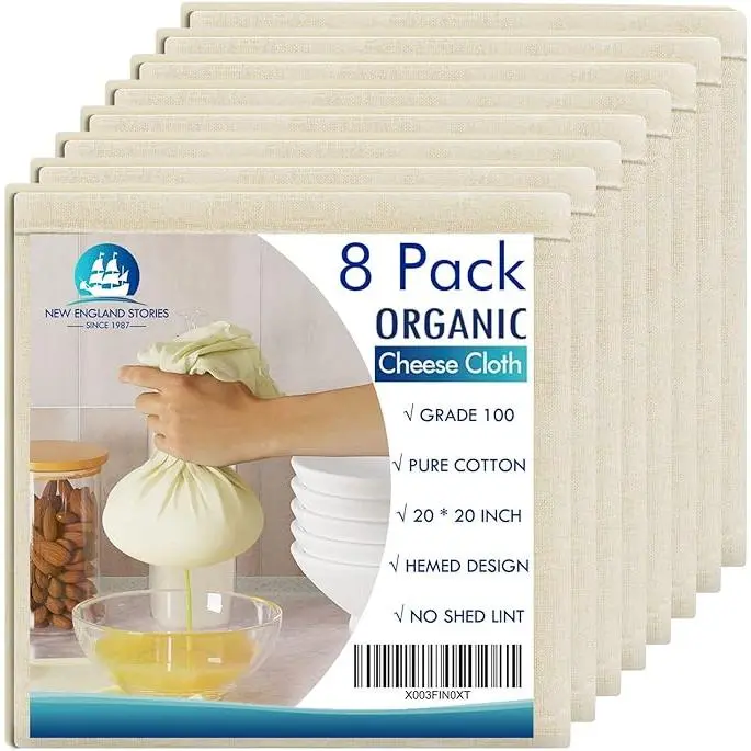 New England Stories 100% Organic Cotton Hemmed Cheese Cloth Strainer - 20x20in Square, Durable Easy-to-Wash Sieve, Household Kitchen Supplies, Kitchen Cooking Accessories, Utensils, No Dye Transfer on Food