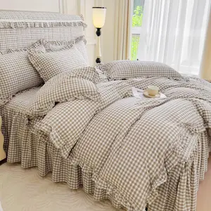 Vintage Ruffle Tan Gingham Comforter Set 3-Piece Washed Cotton Full Beige Grid Bedding Set with Taupe Geometric Checkered Pattern, Farmhouse Chic Soft Comforter for All-Season