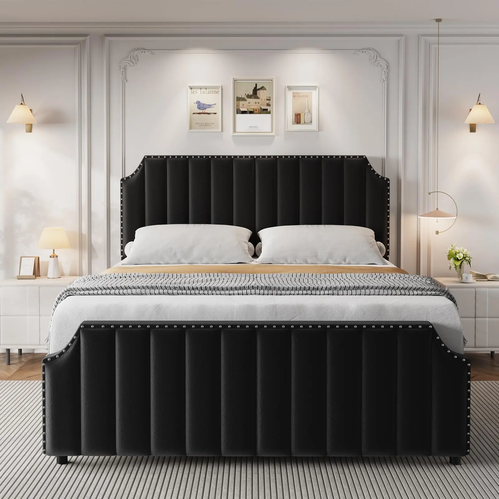 Black Upholstered Platform Bed Queen, Tall Headboard and Footboard, Velvet & Nailhead Trim, Solid Wooden Slats