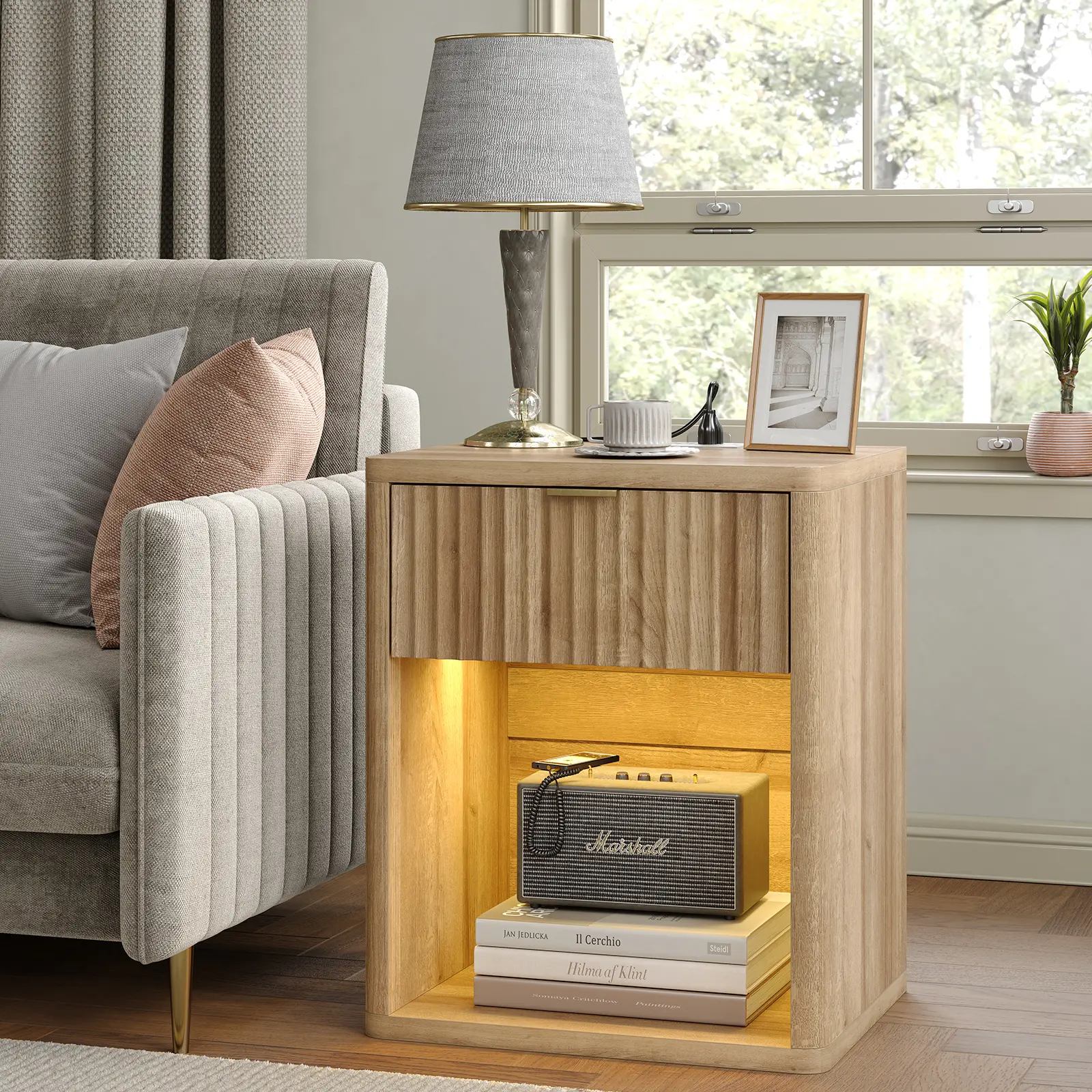 FUSOU Oak Bedside Cabinet Furniture - Large LED Nightstand with Charging Station, Adjustable Lighting Modes, Drawer, Storage Shelf, Modern Wood End Table for Bedroom, Office, Apartment Furniture; Dust with Soft Cloth
