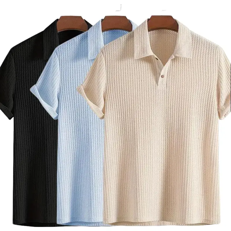Men's Stylish Short-Sleeve Polo Shirt - Jacquard Diamond Knit, Straight Fit, Easy-Care Drapey Plain Fabric - Mens Tops for Father's Day, Valentine's Day (Male Clothing, Jeans Matching Tops), Valentines Day