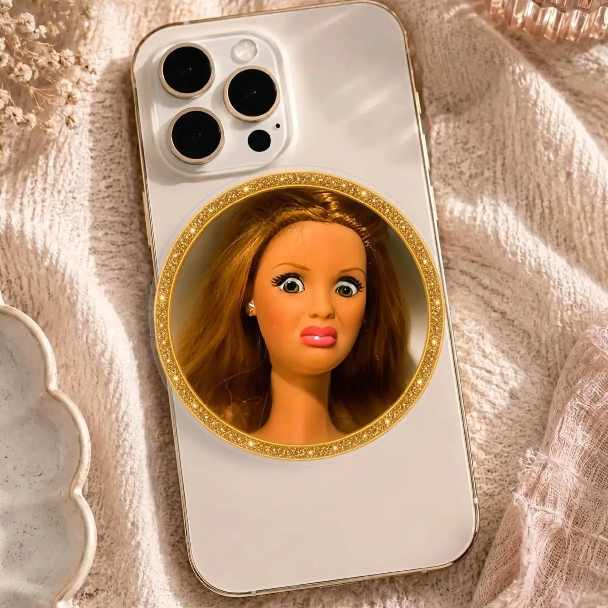 Cute Fashion Doll Phone Grip, Glitter Frame MagSafe Phone Holder for iPhone, Girly Phone Accessory