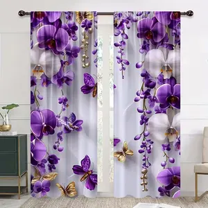 Vintage Floral Pearl Butterfly Print Curtains, 2 Piece Set, Durable Polyester Fabric, Ideal for Living Room and Bedroom Home Decor
