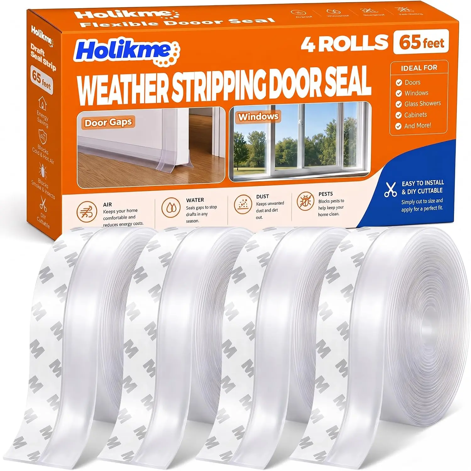 Holikme Peel-Back Door Weather Stripping, 4 Rolls (65FT) Transparent Strong-Adhesion Tape, Seal Gaps for DIY Home Weatherproofing, Leakproof Draught Excluders & Seals for Windows, Shower Doors