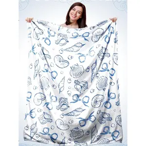 1pc Seashell Bow Blanket, Summer Blue Coast Style Flannel Soft Throw Blanket, Ocean Theme Room Decor, Beach Theme, Lightweight and Warm, Gift Suitable for Bed, Sofa, Room, Dormitory, Car, Office, Birthday, Travel, Preppy Style Blanket