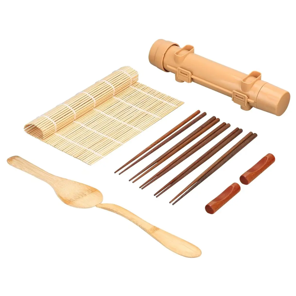 Sushi Making Kit,1 Bamboo Sushi Mat,1 Rice Bazooka, 5 Pairs of Chopsticks, 2 chopsticks holder,1 Paddle, 1 Spreader, ideal gift for Sushi making Beginner