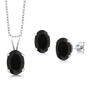 925 Sterling Silver Black Onyx Pendant Earrings Jewelry Set For Women | 1.50 Cttw | Gemstone December Birthstone | Oval 7X5MM | with 18 Inch Chain
