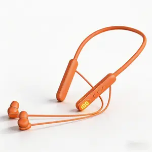 Orange Wireless Neckband Headset, Stereo Digital Bluetooth Earbuds with LED Power Display, Durable Sweatproof Design, Stable Connection, Long Standby for Sports Running Smart Voice Assistant ENC headphones