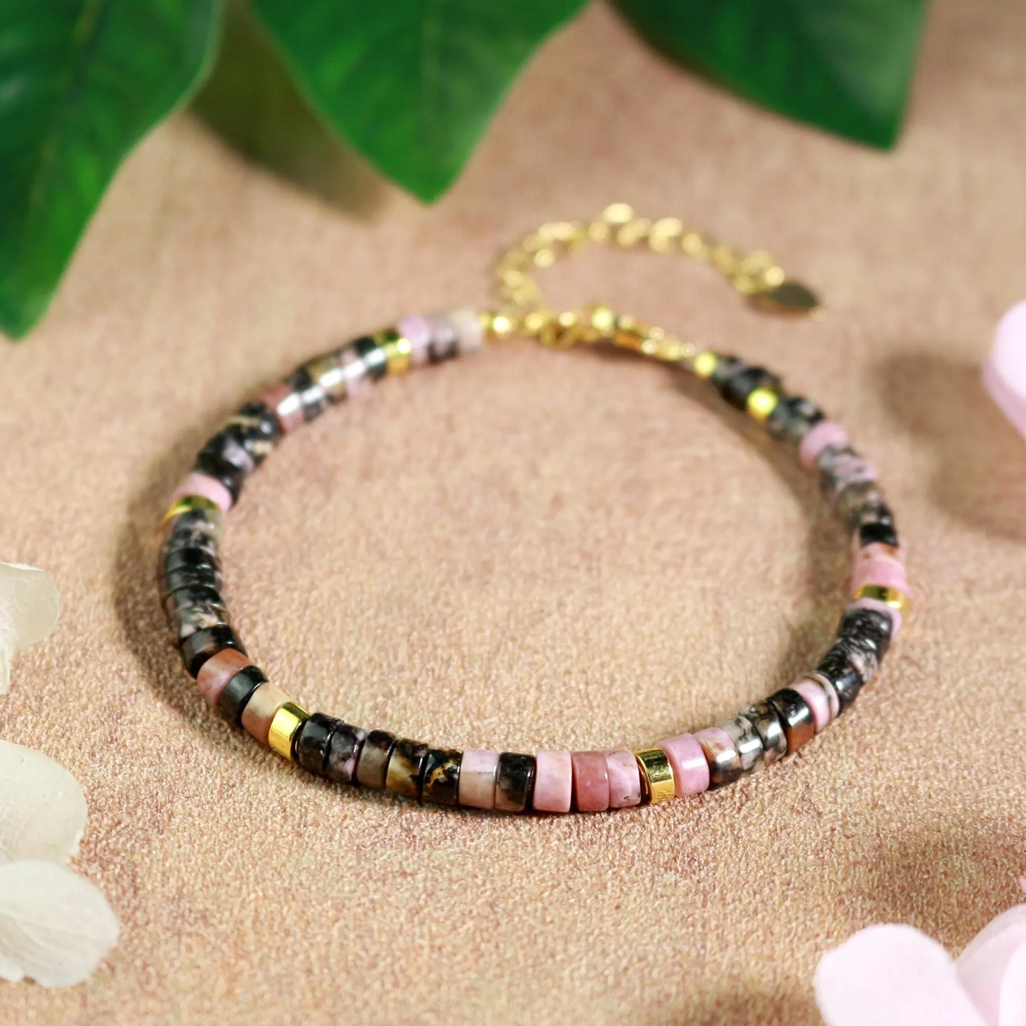 Women's Natural Rhodonite Heart Chakra Bracelet - Dainty Minimalist Crystal Bead Jewelry for Healing Balance Gifts