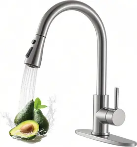 Kitchen Faucets with Pull Down Sprayer, High Arc Stainless Steel Single Handle Kitchen Sink Faucet, 1 or 3 Hole Brushed Nickel Water Faucets for Farmhouse Laundry Camper Rv Bar