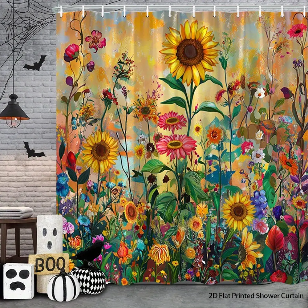 1pc Vintage Sunflower Shower Curtain - 70.8x70.8 Inch Bathroom Decor with 12 Hooks, Multicolor Botanical Floral Design, Machine Washable Polyester Fabric, Easy-Clean Bath Curtain for Modern or Traditional Bathrooms, Bathroom Supplies, Bathroom Accessory