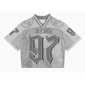 Silver Grey Y2K Mesh Football Jersey – Number 97 Gothic Skull Graphic, Trendy Blokette Aesthetic Top