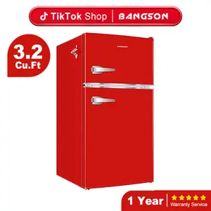 BANGSON Retro Fridge 3.2 Cu.Ft Mini Refrigerator with Double Door & Freezer Adjustable Thermostat Energy-Efficient LED Light Red Household Appliance Gift idea Christmas Gift