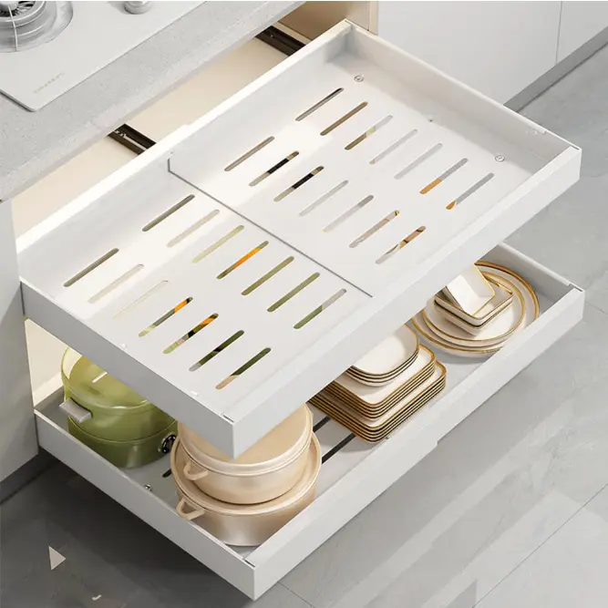 Extendable Cupboard Organiser, 18-26.8 Inch Expandable Pull-Out Drawers with Adhesive, Roll Out Shelf Storage for Kitchen Cabinets, Pantry, Bathroom, 3-Track Large, White/Black