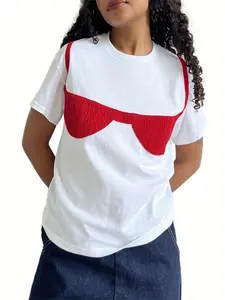 Women's Bra Pattern Patch T-Shirt Short Sleeve Round Neck Loose Summer Casual Tops