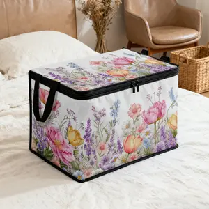 1pc, Storage Bin with Lid with Spring Bloom Symphony Style, Large capacity, Ideal for Wardrobe Organizer, Seasonal Blanket Storage, and Under Bed Organization, Perfect for Bedding, Towels