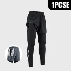 Men's 2-in-1 Running Compression Tights Quick Dry Breathable Athletic Leggings with Built-in Phone Pocket Towel Loop Elastic Waist Workout Pants for Gym Outdoor Sports All Seasons