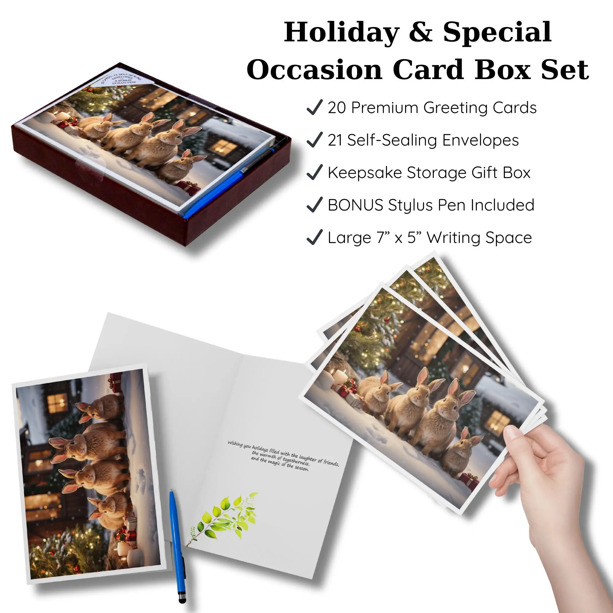 Christmas Cards Box Set – 20 Holiday Greeting Cards with Envelopes – Cute Rabbit Family Theme – Keepsake Storage Box & Bonus Pen, Nebula Voyager