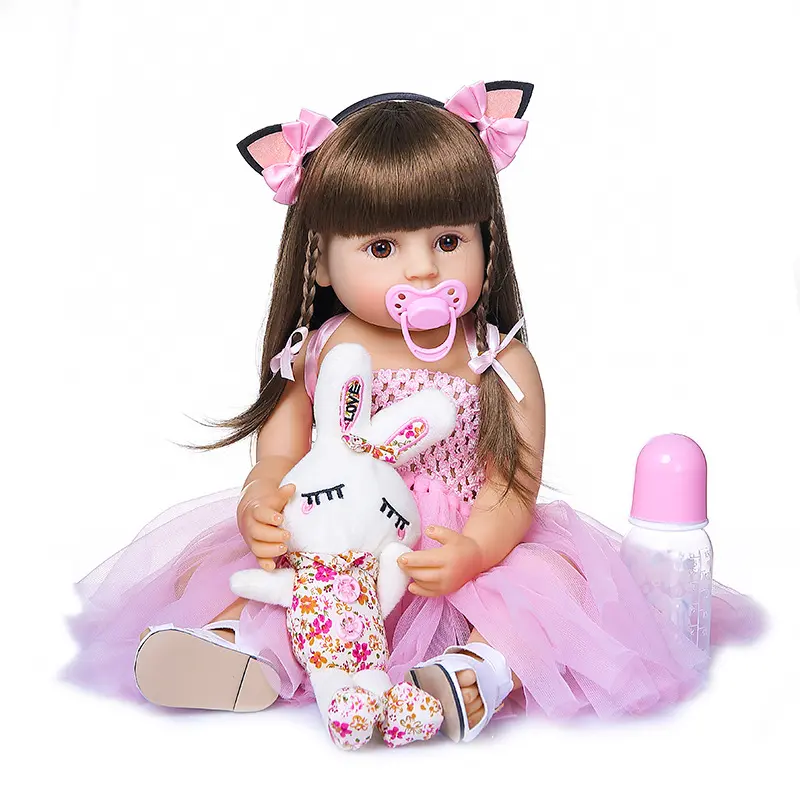 20-Inch Collector-Grade Rosie Soft Doll, 2.2lbs Full Vinyl Weighted Body, Brown Hair, Bunny Clip Accessories, Kitty Dress Set, Whimsical Look, 3-4 Years Kids' Collectibles, Calms Anxiety During Car Rides, Christmas Gift