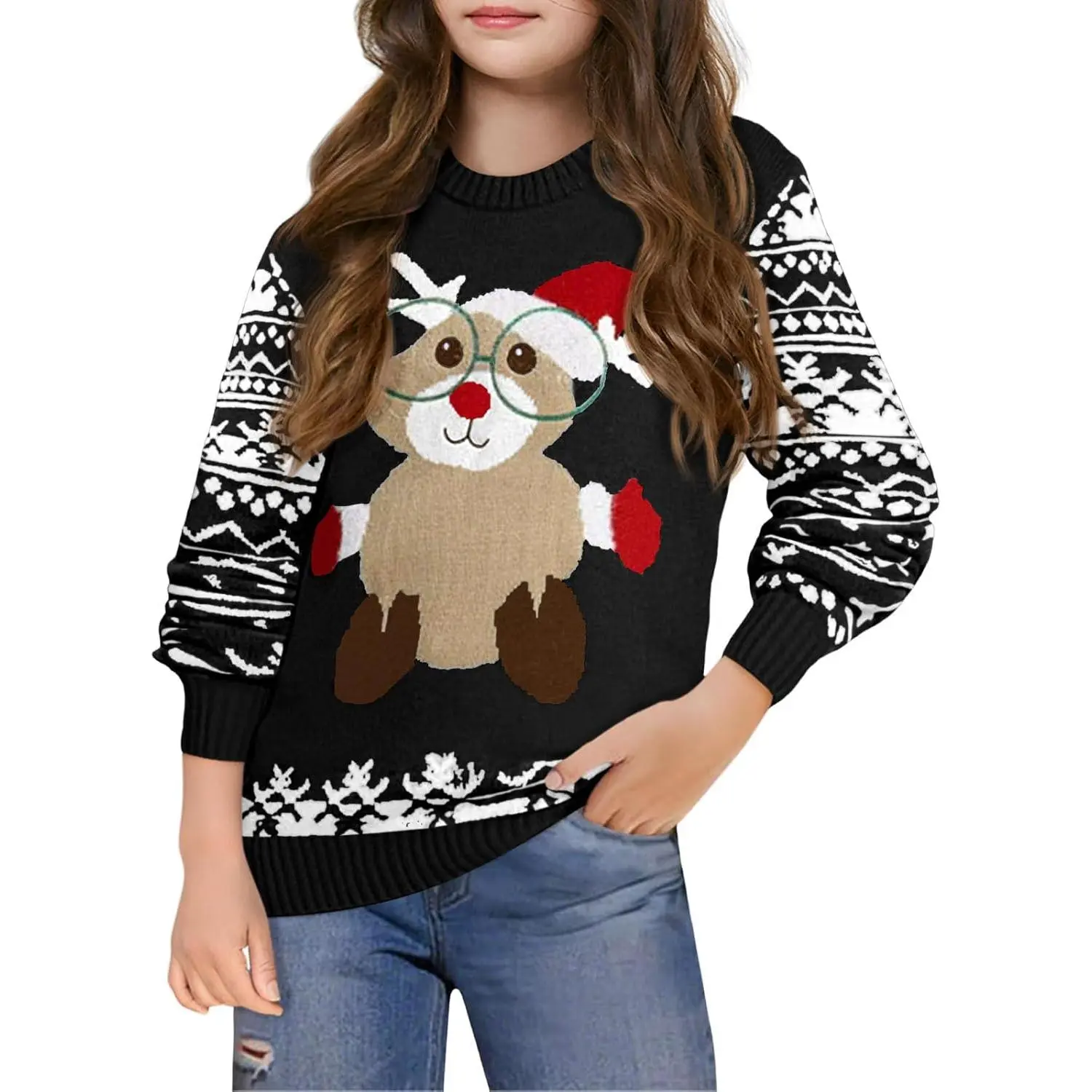 Girls' Chunky Knit Christmas Sweater, Long Sleeve Graphic Print Holiday Pullover Top for Kids 5-14 Years, Graphic Print Hoodie, Hoodie/Jumper