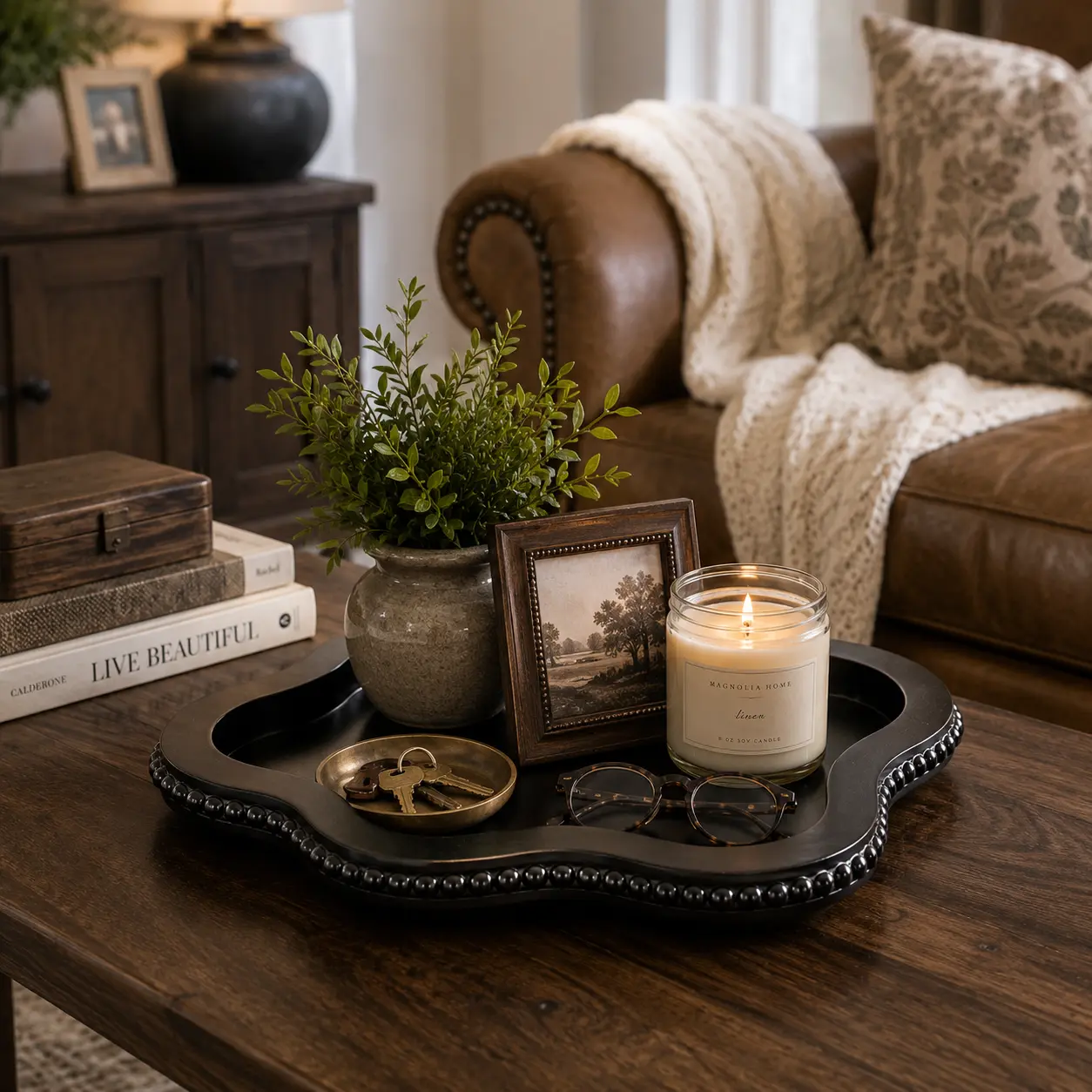 Black Cloud Wooden Beaded Decorative Tray - Durable Sturdy Home Organizer, 7.87in*12in Storage for Living Room Coffee Table, Kitchen Counter, Dressing Table Ottoman Accent