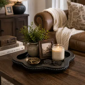 Black Cloud Wooden Beaded Decorative Tray - Durable Sturdy Home Organizer, 7.87in*12in Storage for Living Room Coffee Table, Kitchen Counter, Dressing Table Ottoman Accent