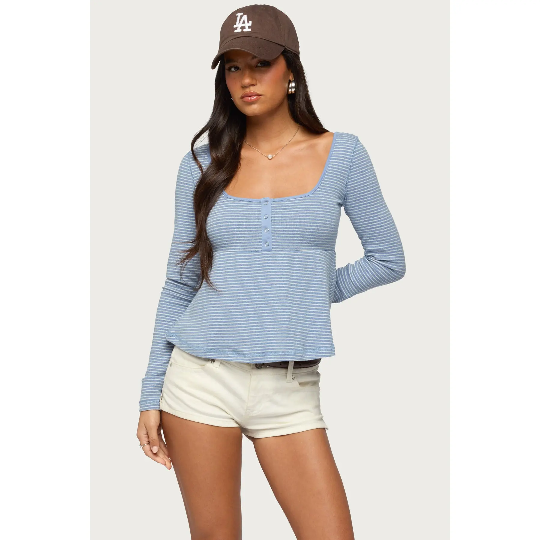Sare Striped Babydoll Henley Top