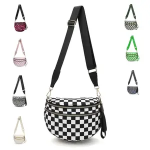 【Local Delivery】Maxoner Checkered Nylon Bum Bag Crossbody, Black and White Checkered Crossbody Bag, Fanny Pack for Women with Adjustable Strap