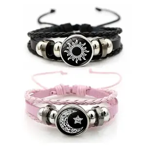 Luminous Sun and Moon Couple Bracelet Glow in the Dark Matching Braided Leather for Couples Adjustable Long Distance Love Gift for Him & Her Black Glass