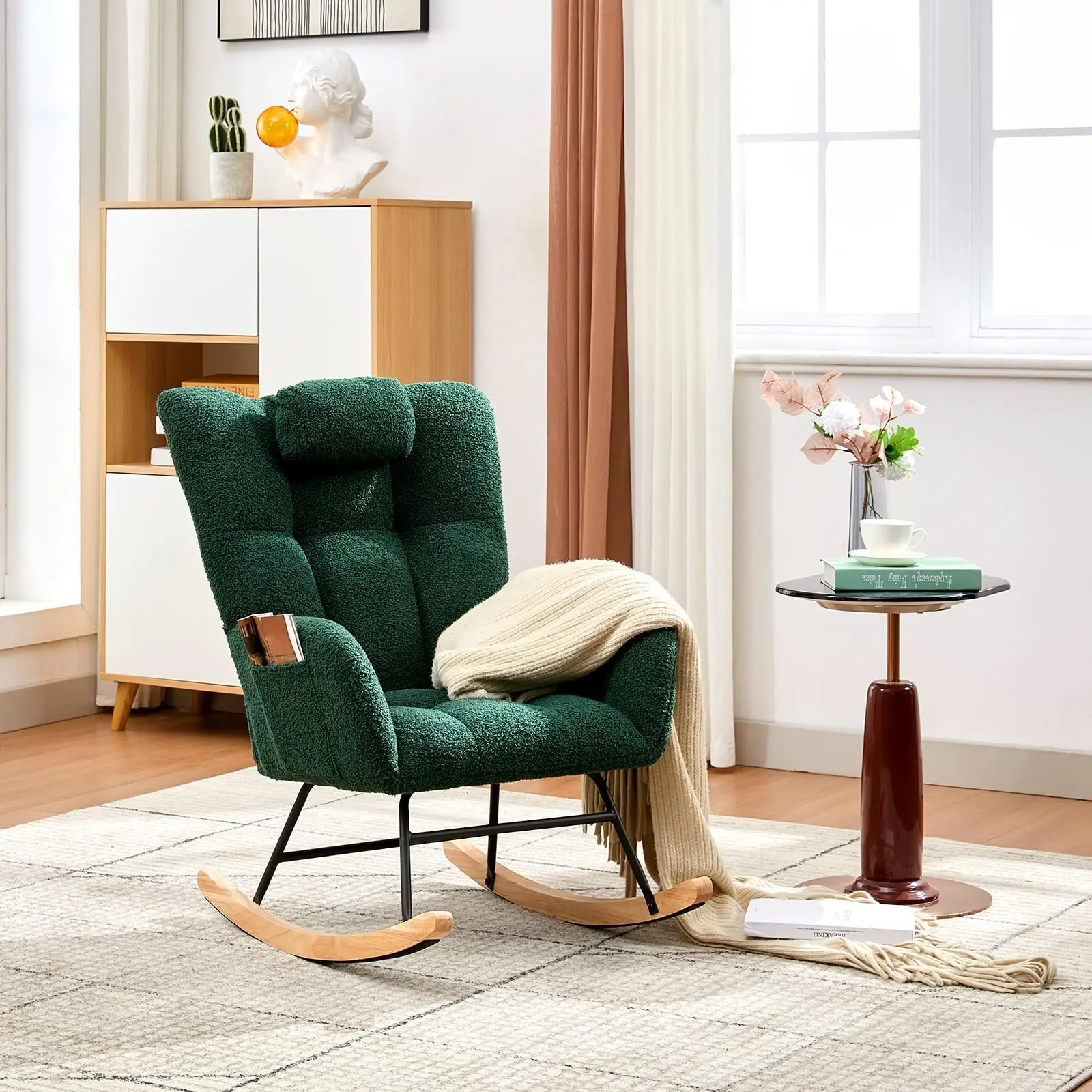 Garvee Teddy Upholstered Nursery Glider Rocker with 300lb Capacity, Soft Fleece Seat, High Backrest, Wood Legs, Side Pockets, and Modern Design for Living Room, Bedroom, and Office Comfort