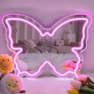 3D LED Neon Light Butterfly Neon Sign Mirror, Dimmable LED Neon Light for Wall Decoration, Neon Sign Mirror Birthday Party Gift, Neon Light for Bedroom and Room Decoration (Pink)