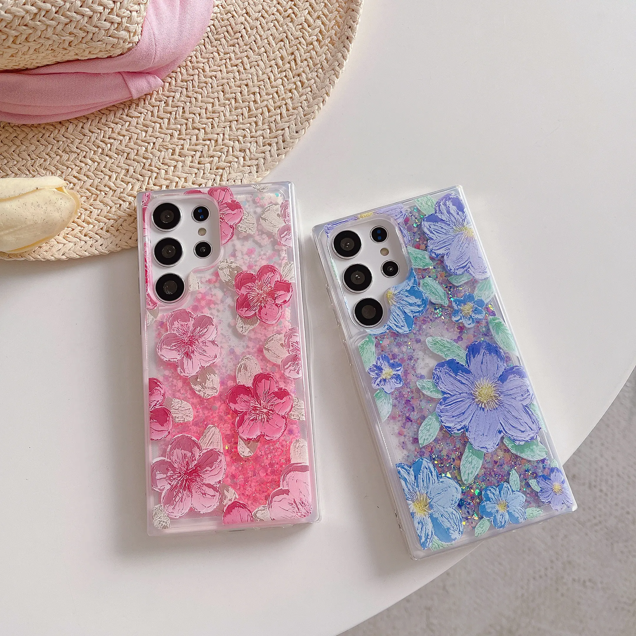 Glow in The Dark Oil Painting Flower Case for Samsung Galaxy S26 Ultra S25 Plus S24 S23 S22, Galaxy Z Flip 7/6/5/4/3, Fluorescent Liquid Floating Glitter Floral TPU Phone Cover, Cute Girly Protective Case for Women Girls