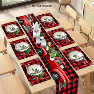 1 piece/5 piece set/7 piece set, Christmas red truck grid pattern seasonal dining table flag+placemat set, used for kitchen and dining decoration during festivals and family parties, indoor and outdoor dining table decoration, Christmas Decorations