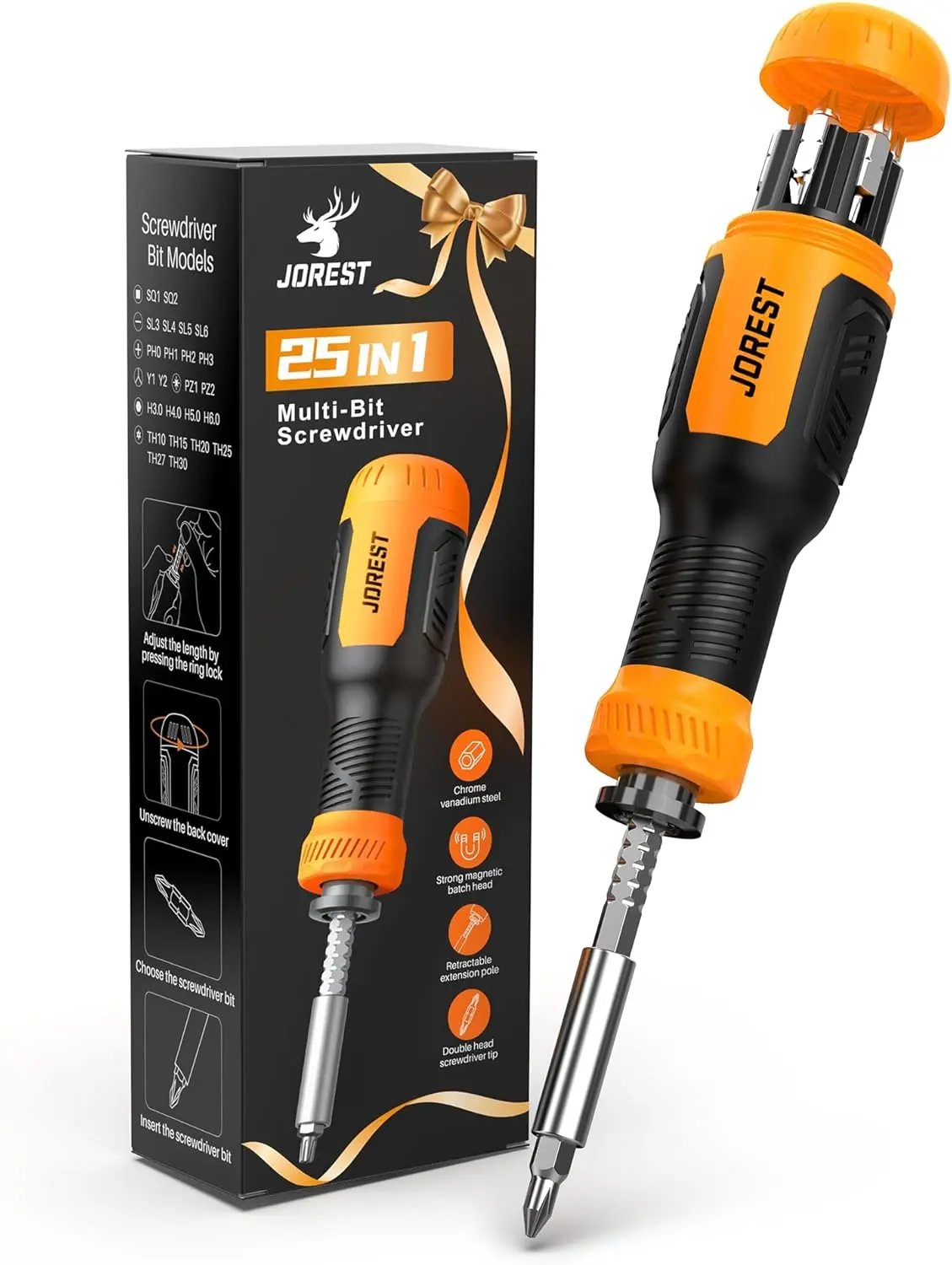 JOREST 25-in-1 Magnetic Multibit Screwdriver Set with Torx, Flat Head, Phillips, Hex, Square Bits, Portable Hand Tool Kit for Daily Repairs