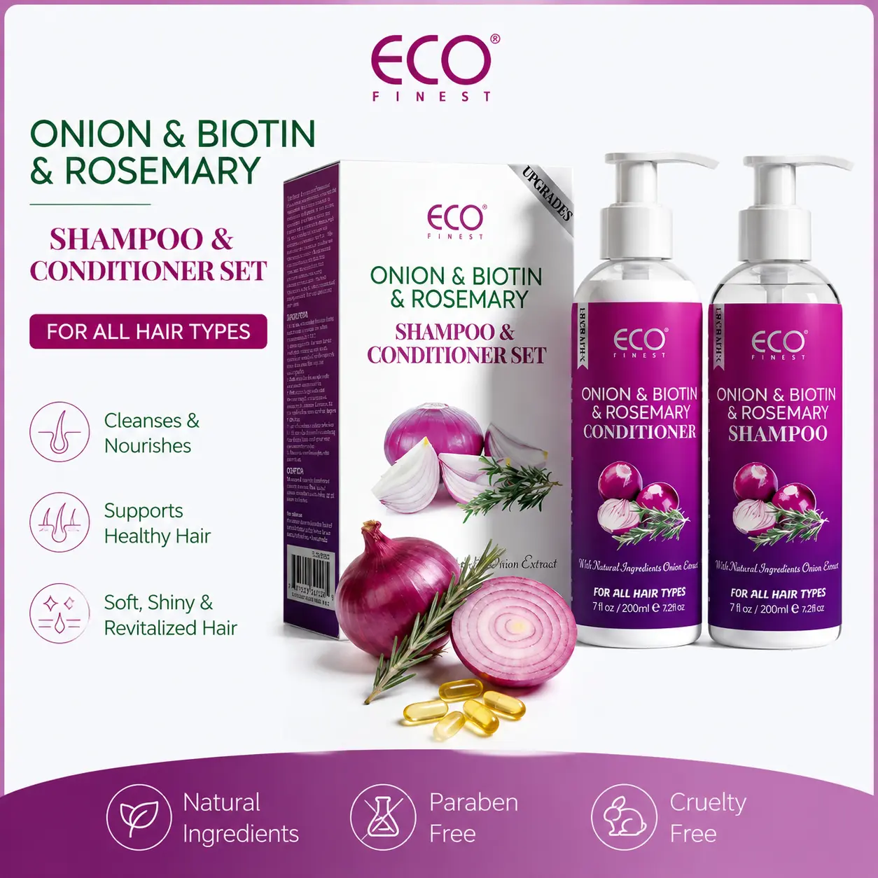 Onion, Biotin & Rosemary Shampoo and Conditioner Set - Gentle Repairing Haircare Formula to Hydrate, Boost Moisture for Dry, Damaged Hair - Strengthening Daily Use for Men & Women, 7 fl oz/200ml