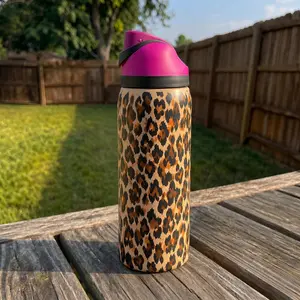 Leopard Heart FreeSip Style 32oz Water Bottle, Cute Animal Print Insulated Tumbler With Pink Lid, Gift for Women Her Birthday