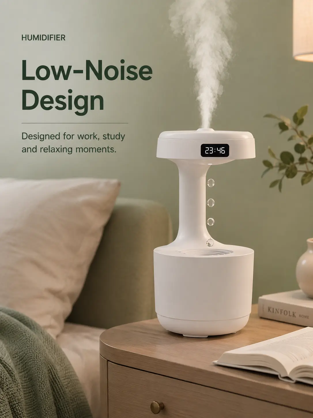 Desktop Cool Mist Humidifier with Reverse-Flow Water Droplets and LED Time Display for Bedroom, Home Office & Study Desk