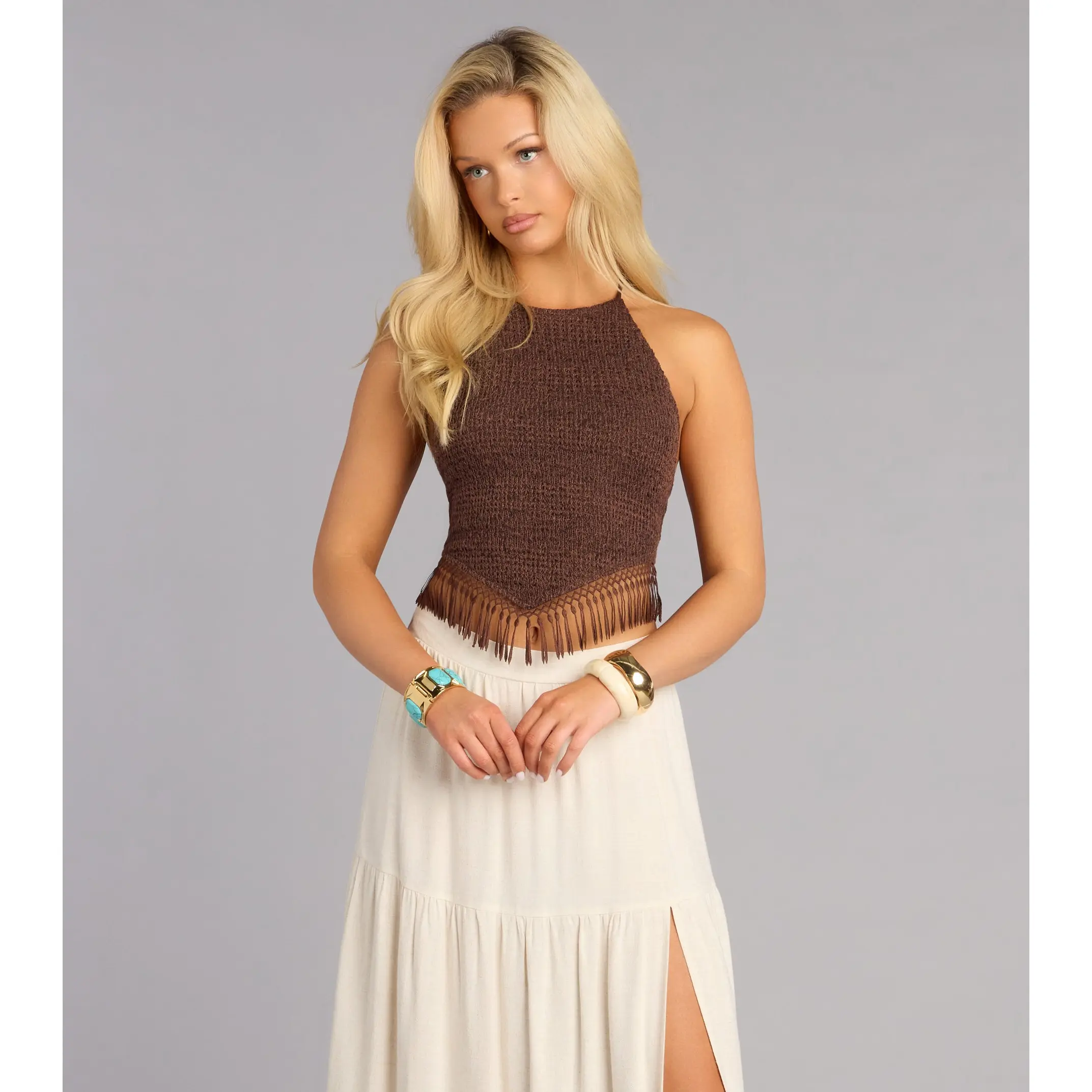 Weekend Vibes Fringe-Trim Halter Top