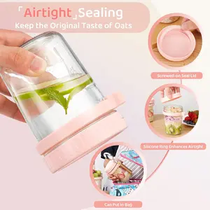 Overnight Oats Cup, Wide Mouth Mason Jar for Overnight Oats, Easy to Fill with Fruits, Oatmeal, Yogurt, Milk, Ideal Oatmeal Container